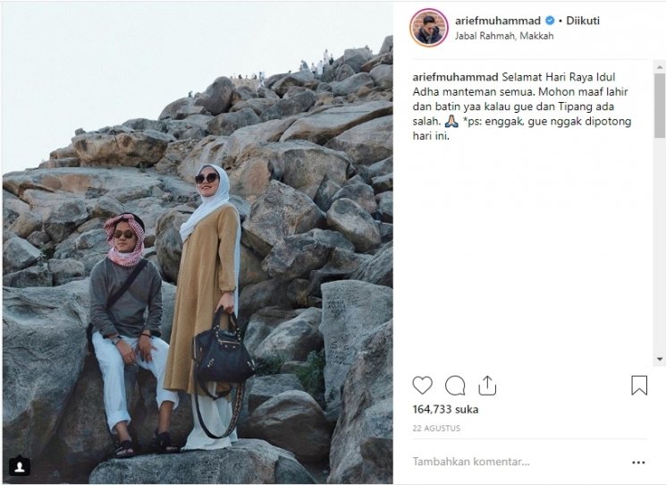 Gaya liburan Arief Muhammad dan Tiara Pangestika. (Instagram/@ariefmuhammad)