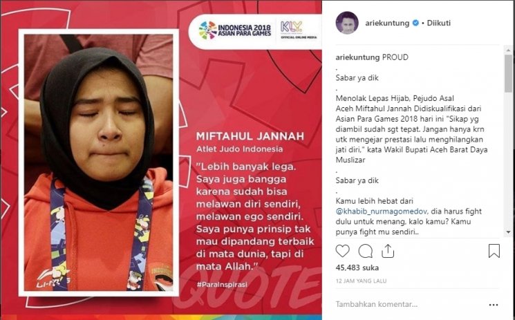 Arie Untung bela Miftahul Jannah. (Instagram/@ariekuntung)