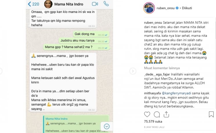 Chat terakhir Ruben Onsu dengan Istri Indro Warkop (Instagram/@ruben_onsu)
