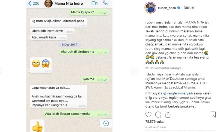 Chat terakhir Ruben Onsu dengan Istri Indro Warkop (Instagram/@ruben_onsu)