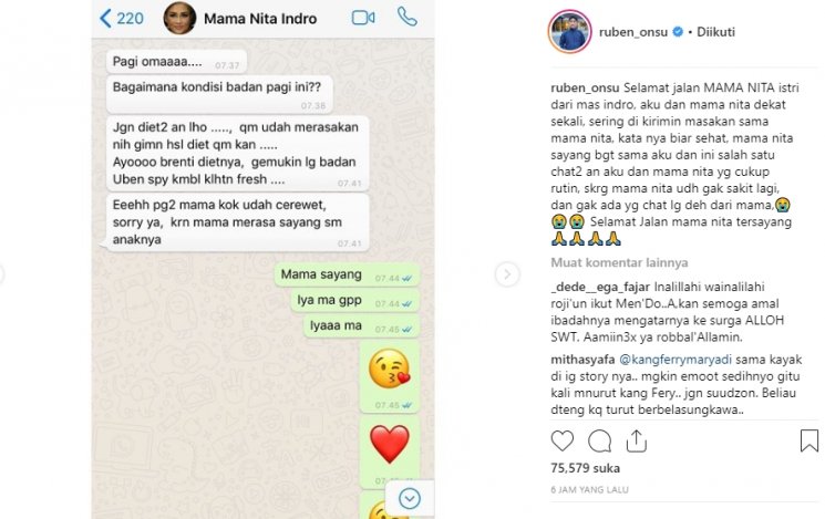 Chat terakhir Ruben Onsu dengan Istri Indro Warkop (Instagram/@ruben_onsu)