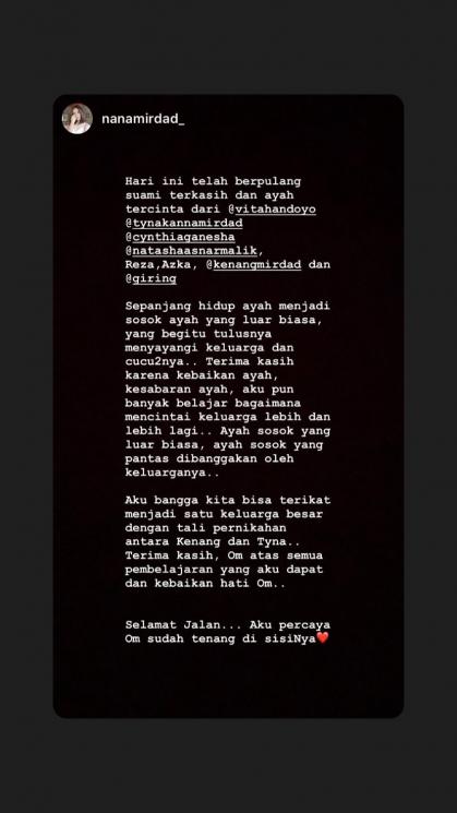 Nana Mirdad Ungkapan Duka Cita (Instagram/@tynakannamirdad)
