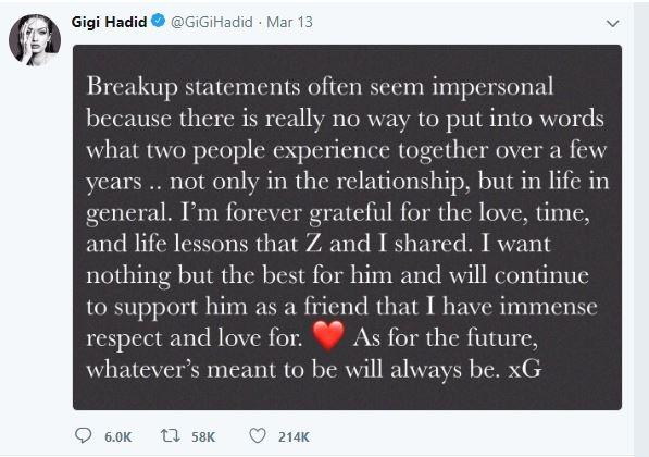 Pernyataan putus dari Gigi Hadid
