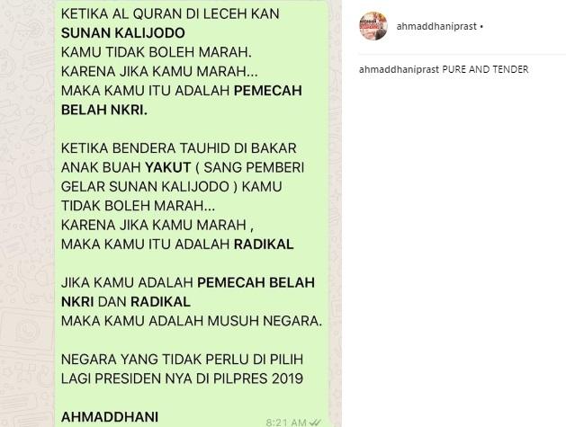 Artis komentar insiden pembakaran bendera tauhid. (Instagram/@ahmaddhaniprast)