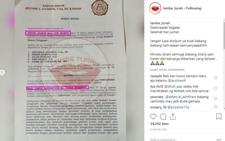 Surat kuasa Regina, istri Chary Van Houten. (Instagram/@lambe_turah)