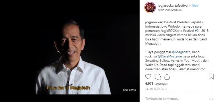 Video persembahan dari Jokowi. (Instagram/@jogjarockartafestival)