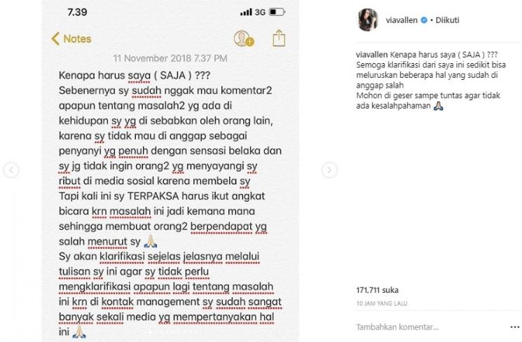 Klarifikasi Via Vallen. (Instagram/@viavallen)