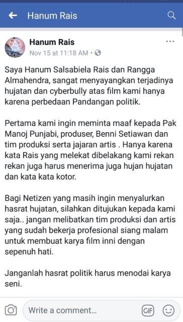 Pernyataan Hanum Rais. (Facebook.com/Hanum Rais)