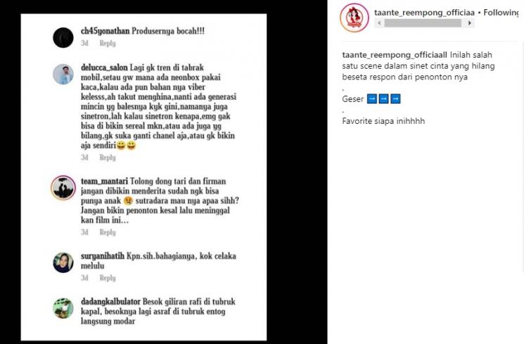 Komentar netizen tentang adegan sinetron Cinta yang Hilang. (Instagram/@taante_reempong_officiaall)