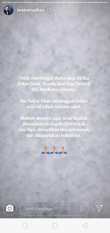 Ungkapan duka cita Iwet Ramadhan atas meninggalnya Ibu Ayu Dewi (Instagram/@iwetramadhan)
