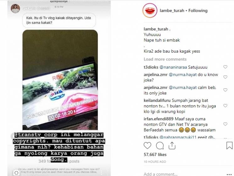 Keluhan Awkarin vlognya diambil stasiun televisi tanpa izin. (Instagram/@lambe_turah)