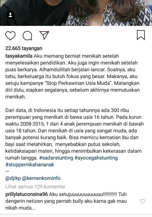 Postingan Tasya Kamila yang dikomentari Prilly Latuconsia. (Instagram/@tasyakamila)