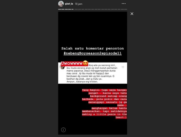 Postingan Instagram Story Gisel. (Instagram/@gisel_la)