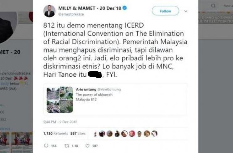 Ernest Prakasa menyindir Arie Untung yang mendukung aksi 812 di Kuala Lumpur, Malaysia. [twitter/ernestprakasa]