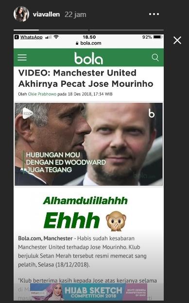 Pernyataan Via Vallen saat tahu Jose Mourinho dipecat dari Manchester United. (Instagram/@viavallen)