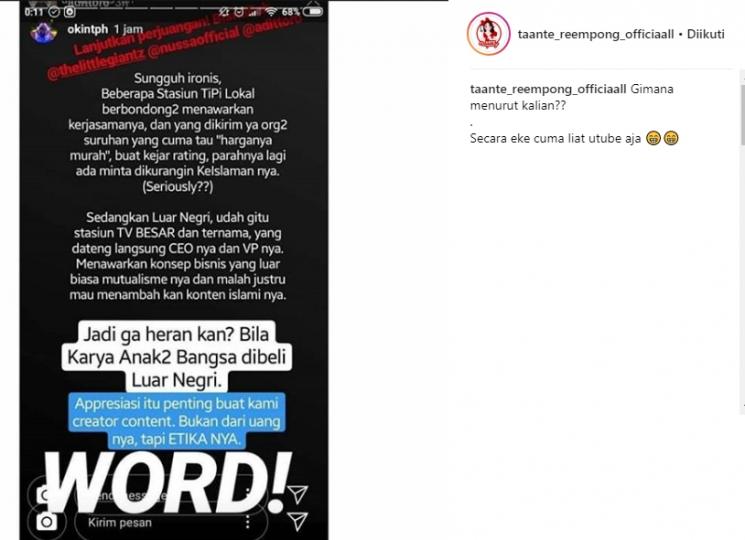 Postingan InstaStory Okin. (Instagram/taante_reempong_officiaall)