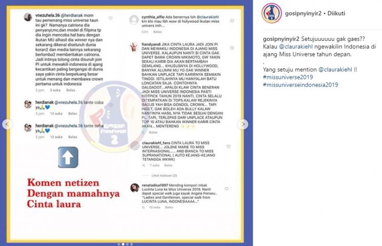 Komentar netizen meminta Cinta Laura ikuti ajang Miss Universe. (Instagram/@gosipnyinyir2)
