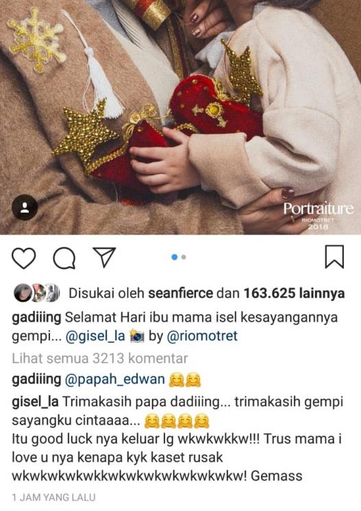 Gisel dan Gading berbalas komentar. (Instagram)