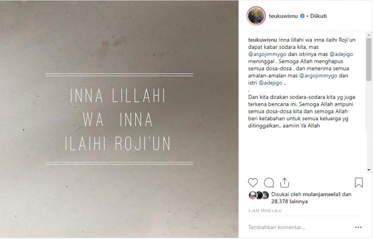 Seleb berduka atas meninggalnya Aa Jimmy. (Instagram/@teukuwisnu)