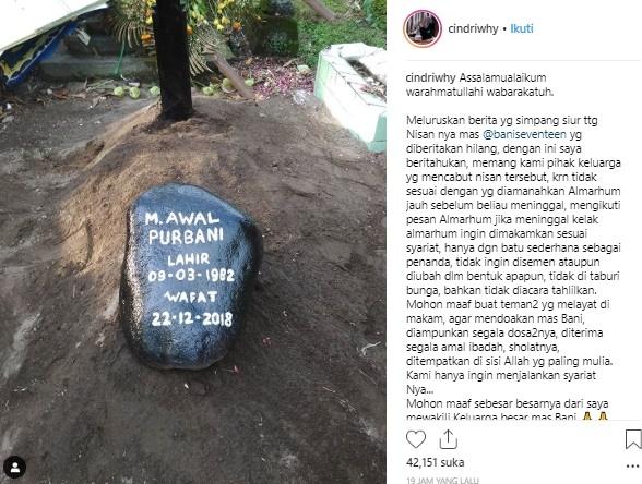 Postingan istri Bani Seventeen. (Instagram/@cindriwhy)