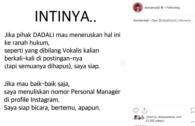 Postingan Anji Manji menanggapi band Dadali. (Instagram/@duniamanji)
