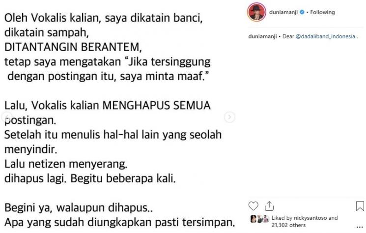 Postingan Anji Manji menanggapi band Dadali. (Instagram/@duniamanji)