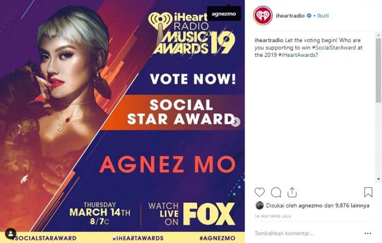 Agnez mo masuk nominasi di iHeart Radio Music Awards 2019. (Instagram/@iheartradio)