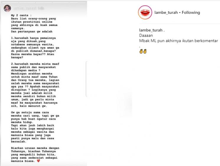Komentar Mytha Lestari terkait kasus porstitusi online artis. (Instagram/@lambe_turah)