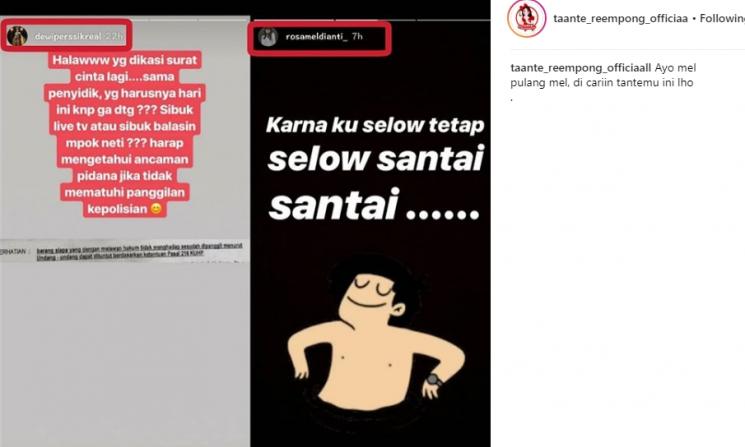 Story Dewi Perssik dan Rosa Meldianti. (Instagram/@taante_reempong_officiaall)