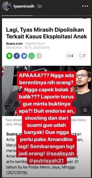 Tyas Mirasih geram atas tuduhan Maryke Harris Pohu. (Instagram/@tyasmirasih)