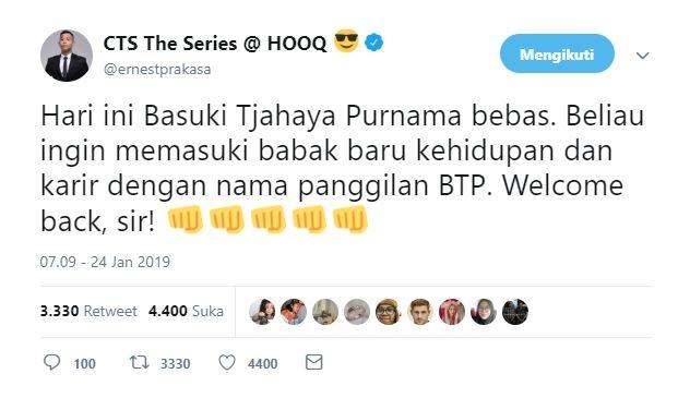 Ungkapan sambutan selebriti Tanah Air atas kebebasan Basuki Tjahaja Purnama. (Twitter/@ernestprakasa)