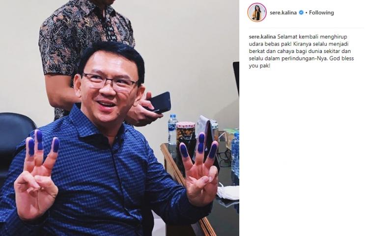Ungkapan sambutan selebriti Tanah Air atas kebebasan Basuki Tjahaja Purnama. (Instagaram/@sere.kalina)