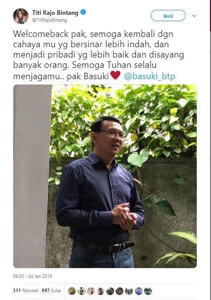 Ungkapan sambutan selebriti Tanah Air atas kebebasan Basuki Tjahaja Purnama. (Twitter/@TitiRajoBintang)