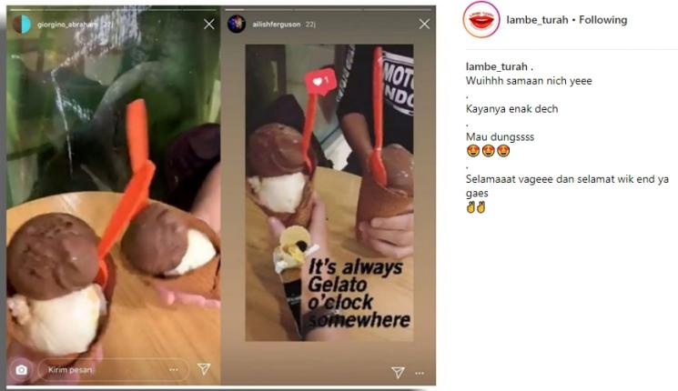 Postingan InstaStory Giorgino Abraham dan Ailish Ferhuson. (Instagram/@lambe_turah)