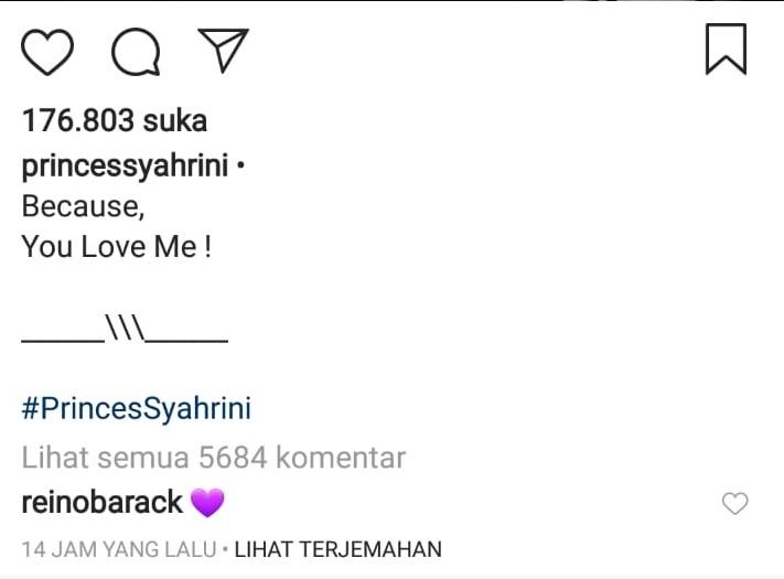 Komentar Reino Barack ke postingan Syahrini. (Instagram/@princessyahrini)