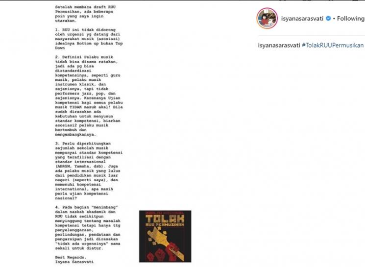 Isyana Sarasvati tolak RUU Permusikan. (Instagram/@isyanasarasvati)