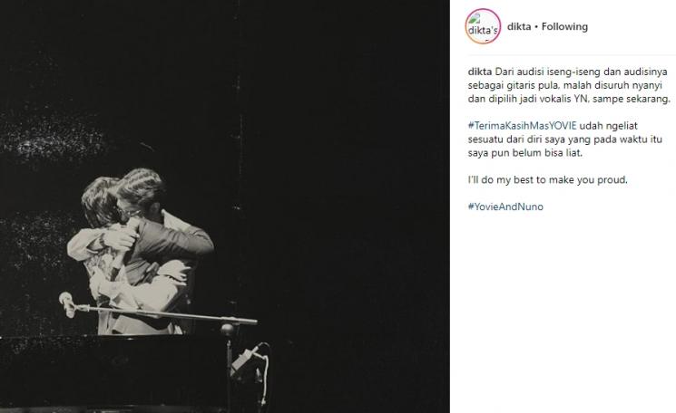 Ucapan terima kasih Dika pada Yovie Widianto. (Instagram/@dikta)