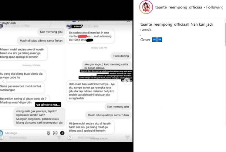 Unggahan InstaStory Salmafina Sunan. (Instagram/@taante_reempong_officiaall)
