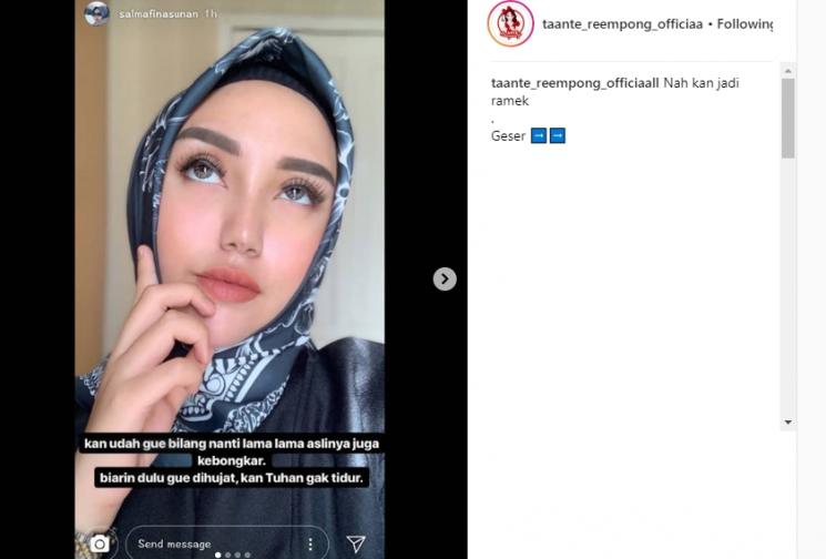 Unggahan InstaStory Salmafina Sunan. (Instagram/@taante_reempong_officiaall)