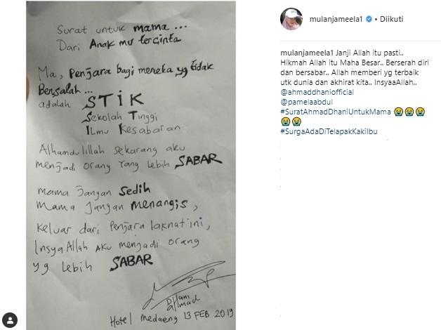 Isi surat Ahmad Dhani. (Instagram/@mulanjameela1)