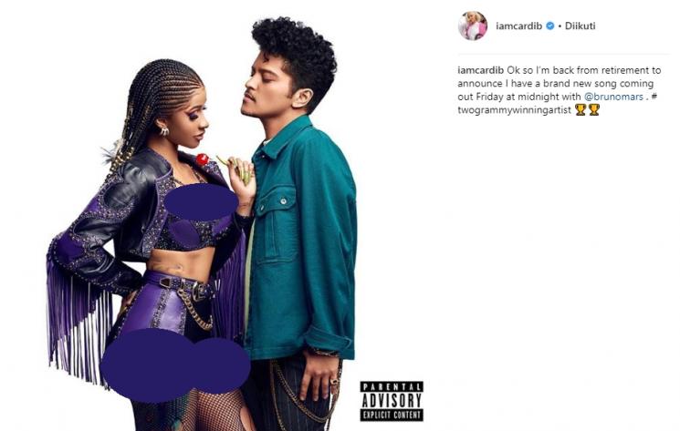 Cardi B mengumumkan lagu barunya bersama Bruno Mars. (Instagram/@iamcardib)