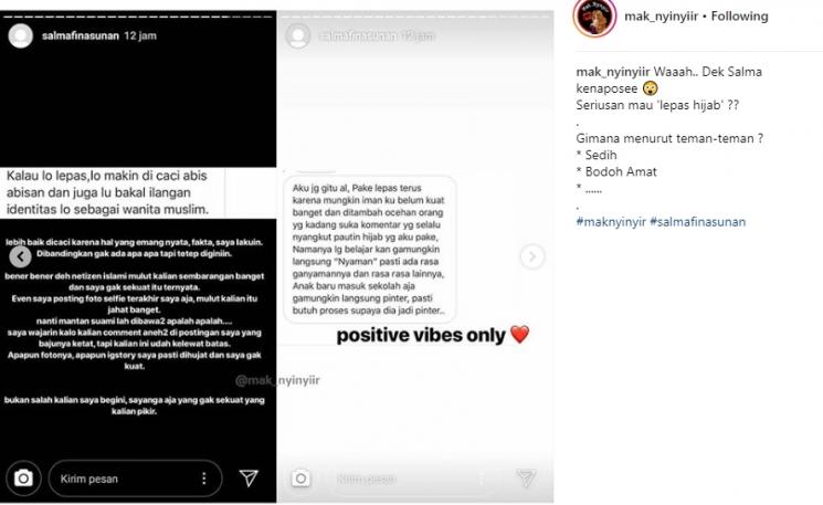 Ungkapan rencana Salmafina Sunan lepas hijab. (Instagram/@mak_nyinyiir)