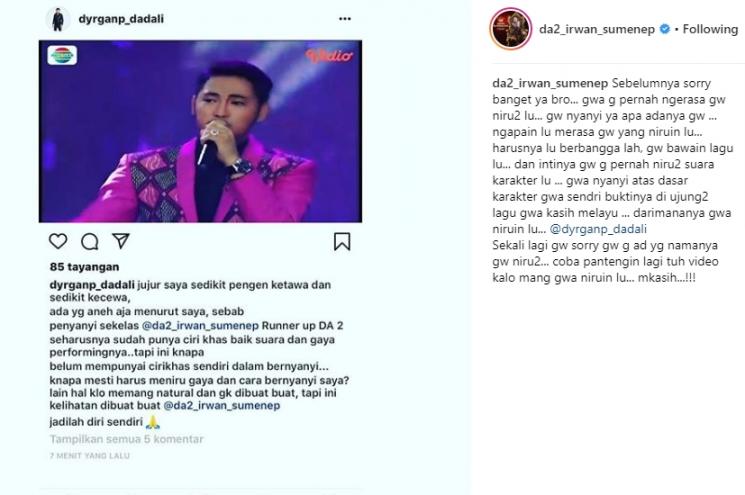 Irwan DA2 menanggapi Dyrga Dadali. (Instagram/@da2_irwan_sumenep)