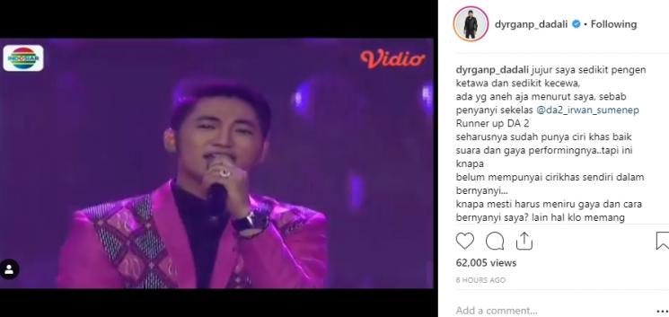 Dyrga Dadali menilai gayanay ditiru Irwan DA2. (Instagram/@dyrganp_dadali)