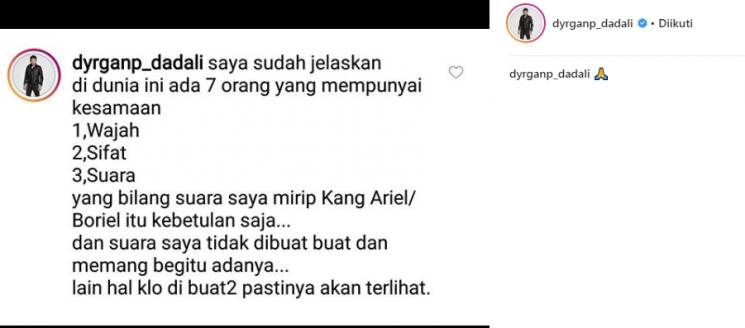 Tanggapan Dyrga Dadali suara disebut mirip Ariel Noah. (Instagram/@dyrganp_dadali)