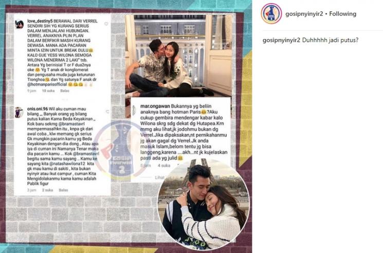 Verrell Bramasta dan Natasha Wilona dikabarkan putus. (Instagram/@gosipnyinyir)