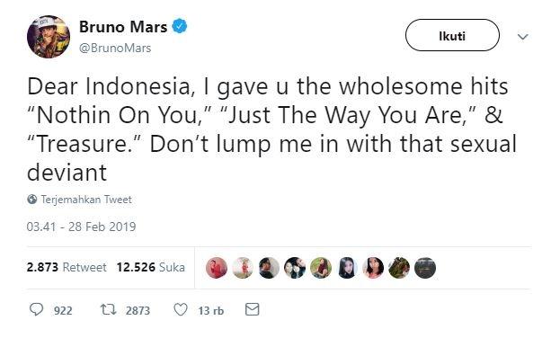 Reaksi Bruno Mars lagunya di-banned di Jawa Barat. (Instagram/@BrunoMars)