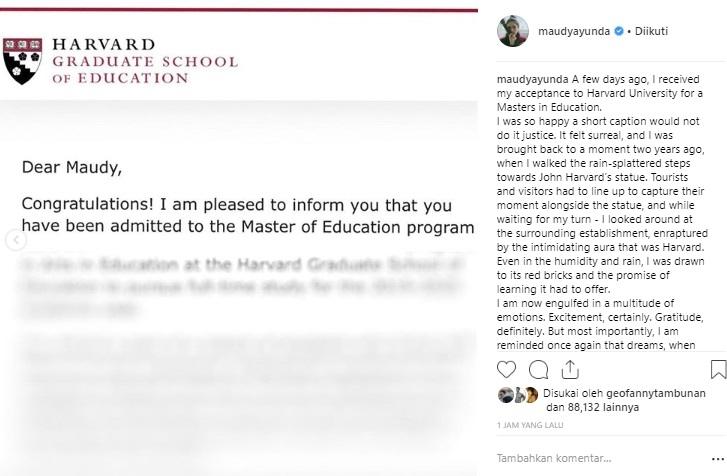 Maudy Ayunda diterima di Harvard University. (Instagram/@maudyayunda)