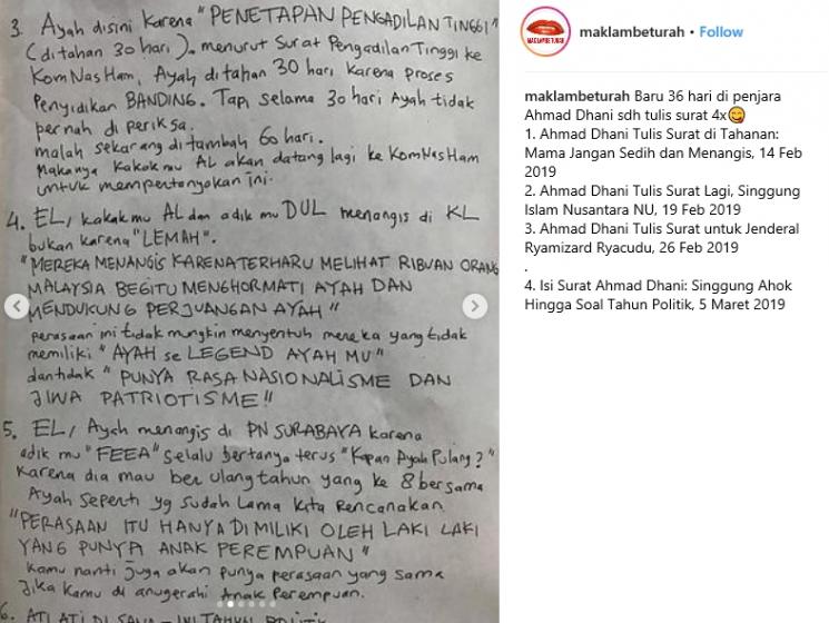Surat Ahmad Dhani (Instagram/@maklambeturah)