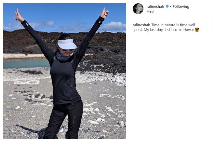 Tampil sporty saat hiking. (Instagram/@ralineshah)